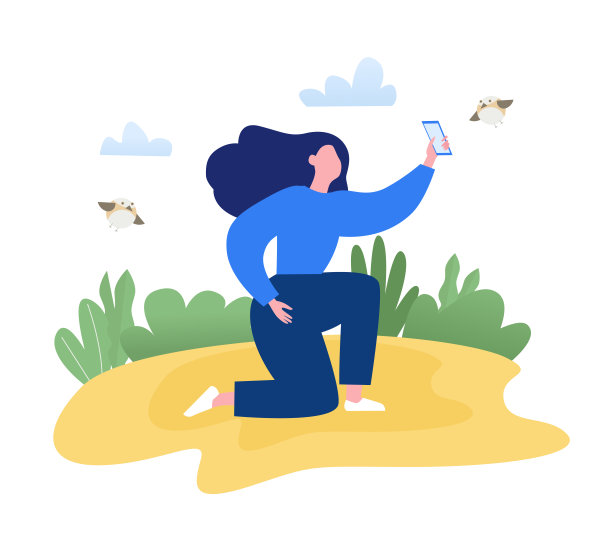 一个女人坐在公园的草坪上，拍下鸟儿的照片。春现代平面矢量概念插图图片下载