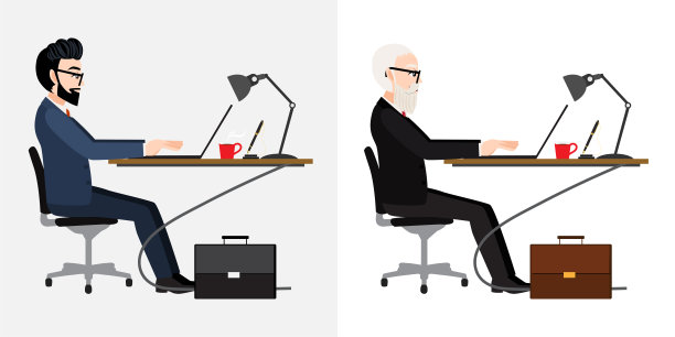 卡通人物与商务人士桌上白色背景，矢量插图素材图片