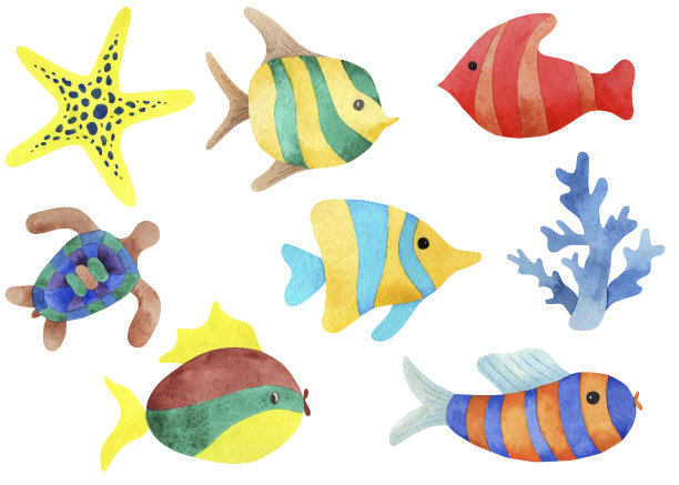 手绘彩色鱼珊瑚、海星、海龟水彩套装。图片下载