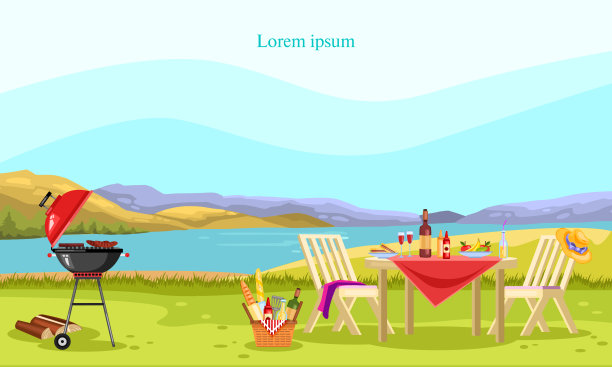 矢量烧烤和野餐旗帜与火盆，花园家具，篮子与食物，酒，水果和布。图片下载