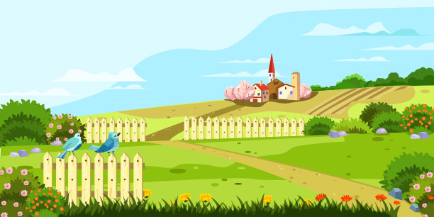 水平的乡村景观，有山丘，篱笆，小径，鸟，花，房子和开花的灌木丛。春季花园与草坪卡通风格。村的背景图片下载