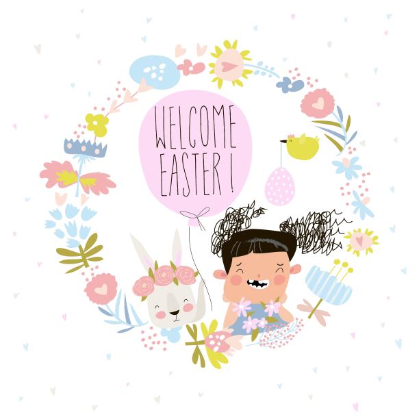 卡通复活节花环与可爱的兔子和小女孩图片下载