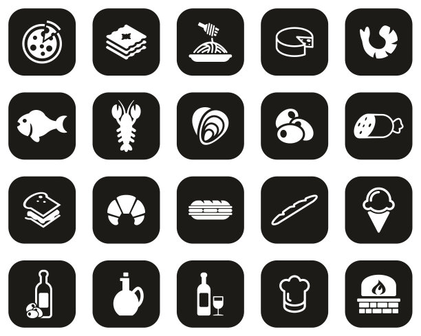 意大利传统食物和文化图标白色上的黑色平面设计设置大图片下载