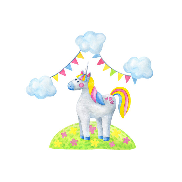 一只独角兽站在开着花的空地上。可爱的组成与一个神奇的童话动物。孤立在白色背景上。空间的文本。水彩插图，明信片，印刷品，图片下载
