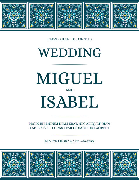 传统墨西哥婚礼邀请卡模板向量。复古的马赛克瓷砖图案与绿色，蓝色和绿松石纹理。上光花砖背景图片下载