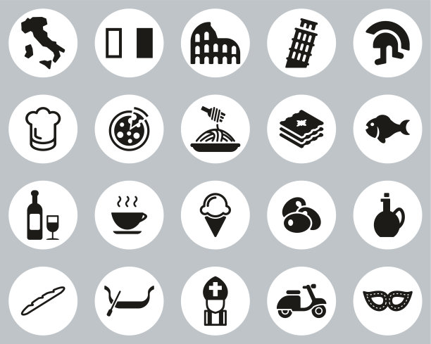 意大利国家和文化图标黑白平面设计圈设置大图片下载