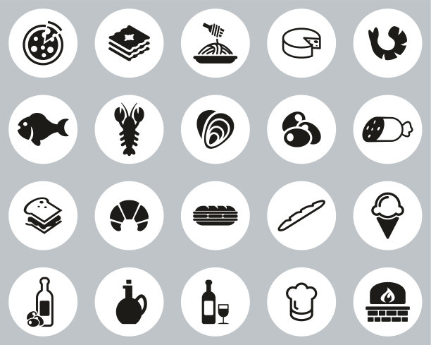 意大利传统食品和文化图标黑白平面设计圈设置大图片下载