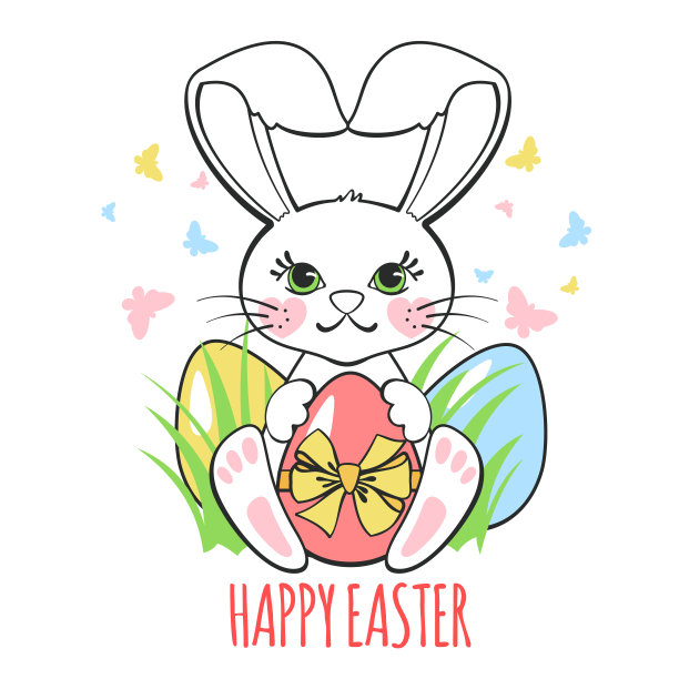 贺卡与可爱的复活节兔子和鸡蛋孤立在白色的背景。图片下载