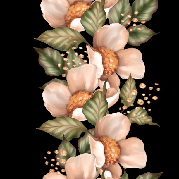 无缝花边界上的黑色背景。素材图片