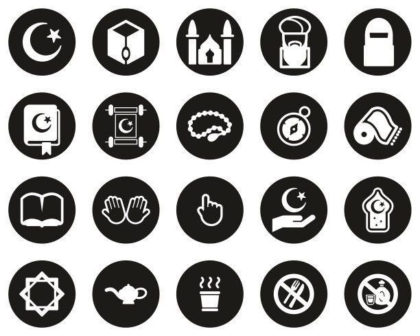 伊斯兰宗教文化图标，黑色扁平风格圆形合集图片下载