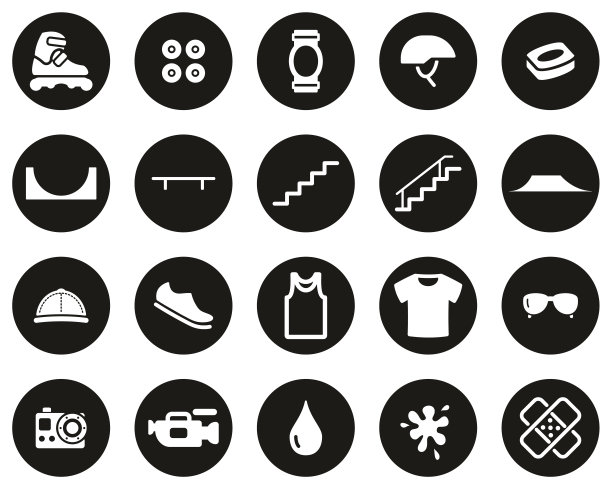 内联极限运动和设备图标白色在黑色平面设计圈设置大图片下载