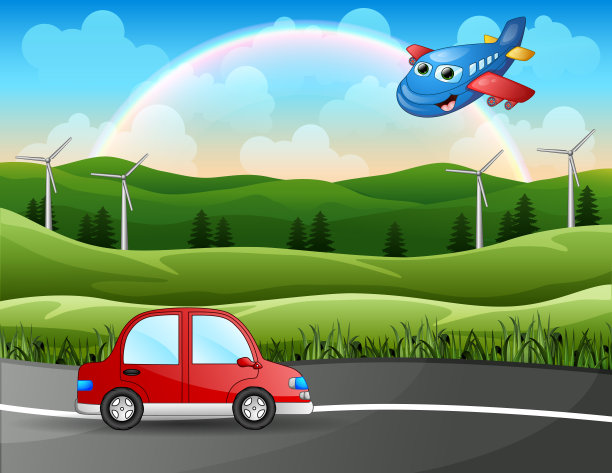 红色的汽车带着一架飞机穿过自然公路图片下载