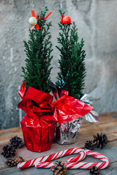 小圣诞礼物。用银色和红色的包装纸和丝带装饰小树。图片下载