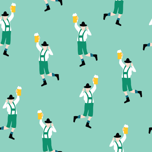 啤酒节派对无缝模式。矢量插图男子在传统啤酒节皮短裤穿着手持啤酒杯。啤酒节聚会重复的背景。邀请传单。图片下载