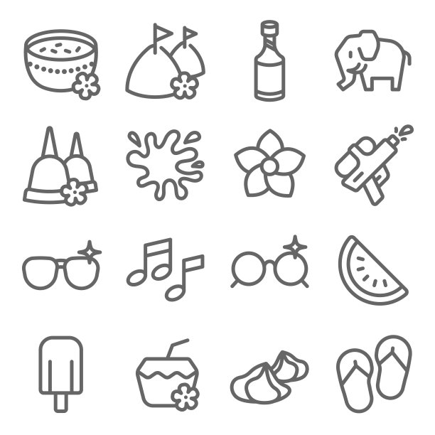 宋干节设置矢量插图。包含如曼谷水节，椰子，音乐，水溅和更多的图标。扩大中风图片下载