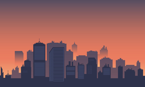 城市剪影有许多建筑物，摩天大楼和购物中心。图片下载