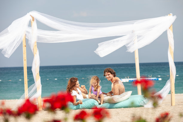 快乐的年轻家庭在阳光明媚的日子里，在海滩的木制凉亭玩图片下载