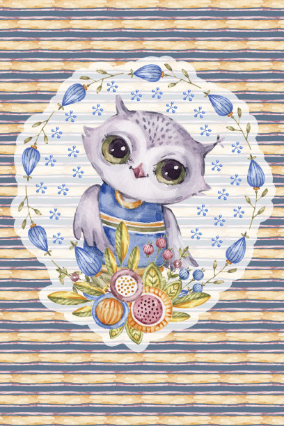 水彩猫头鹰儿童风格条纹背景图片下载