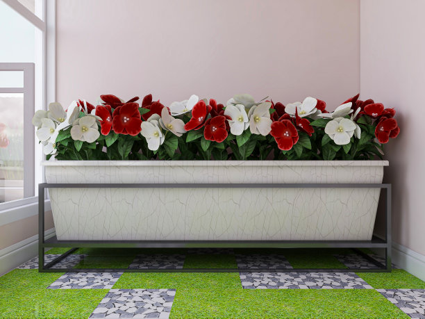 3D渲染，宽敞明亮的城市住宅封闭式阳台设计，绿色植物配木制桌椅休闲舒适。图片下载