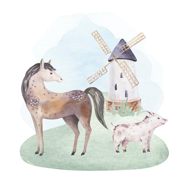 农场动物隔离集。可爱的家庭农场宠物水彩画插图。马卡通图。图片下载