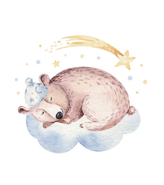 可爱的梦幻卡通动物手绘水彩插图。睡婴童幼儿园服装设计，宝宝送礼会请帖。图片下载