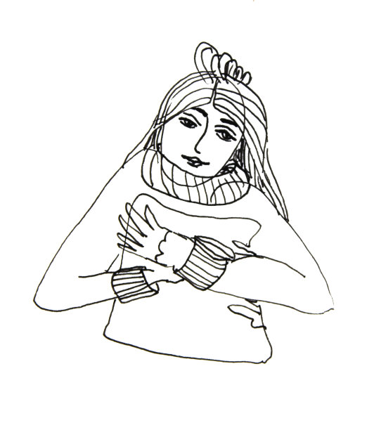 女孩与枕头手绘黑色马克笔hygge插图图片下载