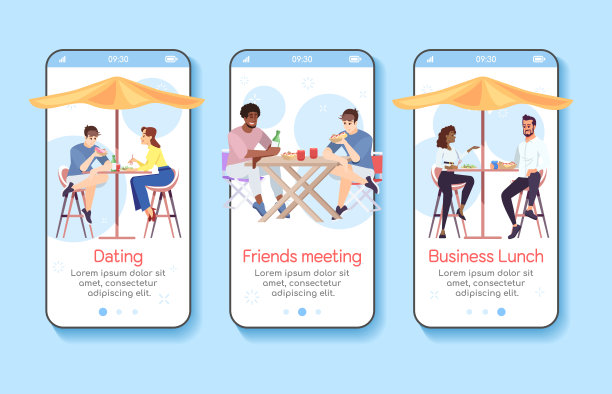街头美食节登陆手机app屏幕矢量模板。夏日城市咖啡馆参观。用平面字符演练网站步骤。UX, UI, GUI智能手机卡通界面概念图片下载