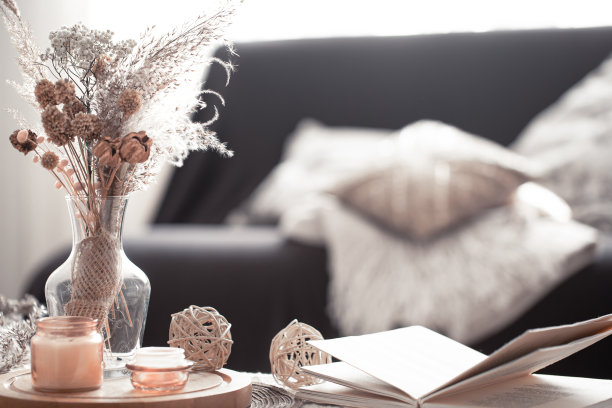 家庭舒适的静物生活与一个黑色沙发和装饰客厅。图片下载