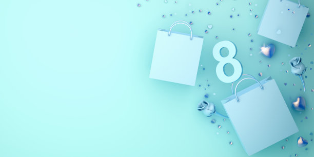 妇女节快乐，购物袋，布局，模板，横幅，8号，金色的心形，玫瑰和五彩纸屑在蓝色柔和的背景。3 d演示。图片下载