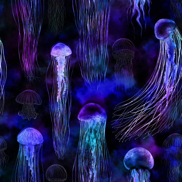 图案无缝水母空间彩色重复纹理墙纸插图夜银河与水彩水母混合明亮的风格鲜艳的蓝色紫色紫罗兰孤立在黑暗的背景图片下载