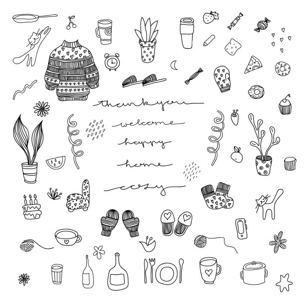 一套单色手绘舒适的家元素和谢谢你，快乐，欢迎，家，舒适的文字。白色孤立背景上的黑色轮廓。食物，猫，毛衣，手套，植物，杯子，花，心。图片下载