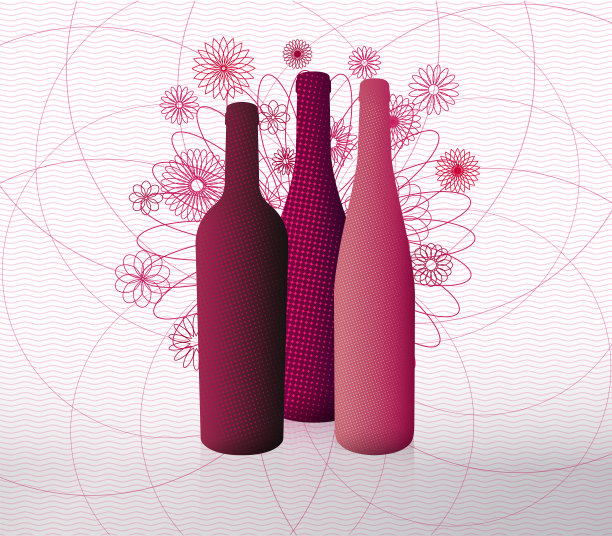 红色酒瓶的插图与体积。背景线和几何花卉插图。图片下载