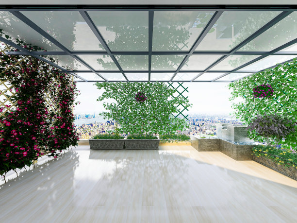 3D渲染，开放式阳台，鲜花和一整面墙的玫瑰图片下载