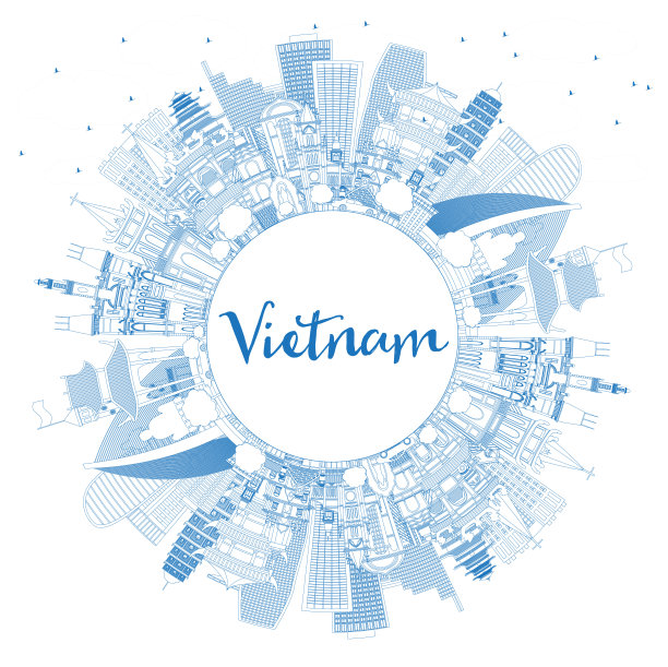 用蓝色建筑和复制空间勾勒越南城市天际线。图片下载