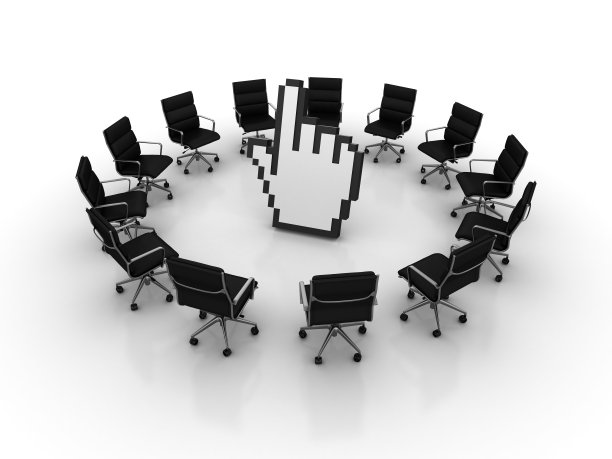 椅子团队合作与电脑手光标- 3D渲染图片下载