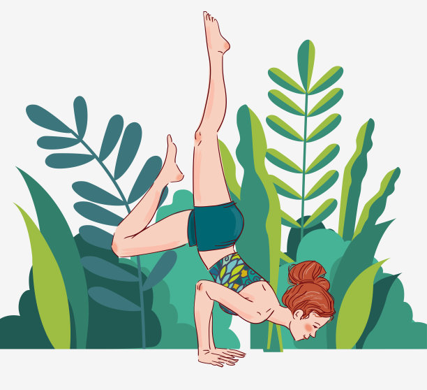 可爱的年轻女子在练瑜伽。夏天的风景背景素材图片