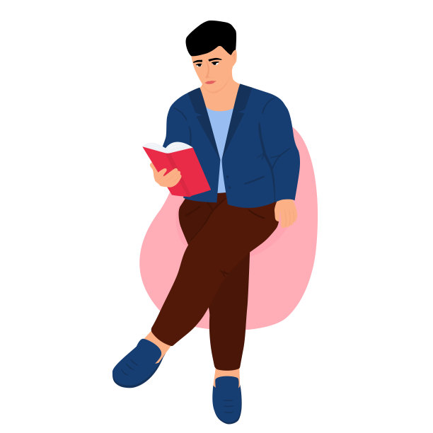 一个年轻人坐在椅子袋里读一本纸质书。学生准备考试。文学爱好者。爱阅读。图片下载