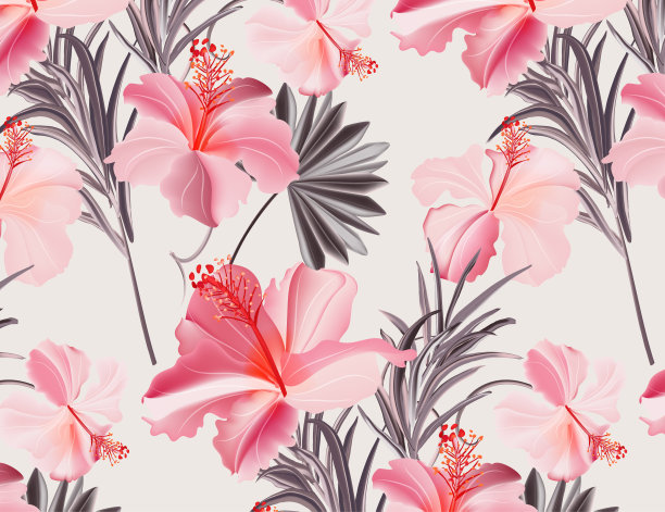 粉红色的芙蓉夏季图案。海滩花卉植物纹理，天堂海岸夏季热带丛林装饰。矢量设计图片下载