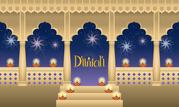 传统印度风格的走廊与油灯。图片下载