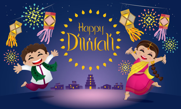印度男孩和女孩庆祝排灯节。图片下载