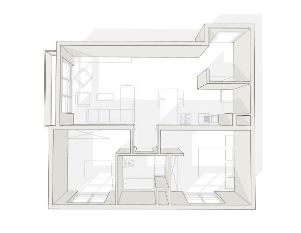两间卧室的开放式厨房设计，阳台和一个浴室的插图。图片下载