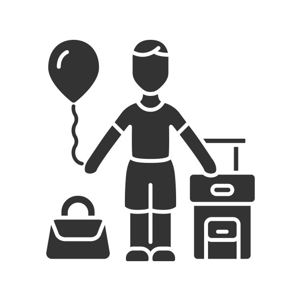 移民儿童字形图标。孩子出国旅行。旅游行程。假期,旅游。乘坐热气球的旅客，随身携带手提包和手提箱。轮廓的象征。负空间。向量孤立的插图图片下载