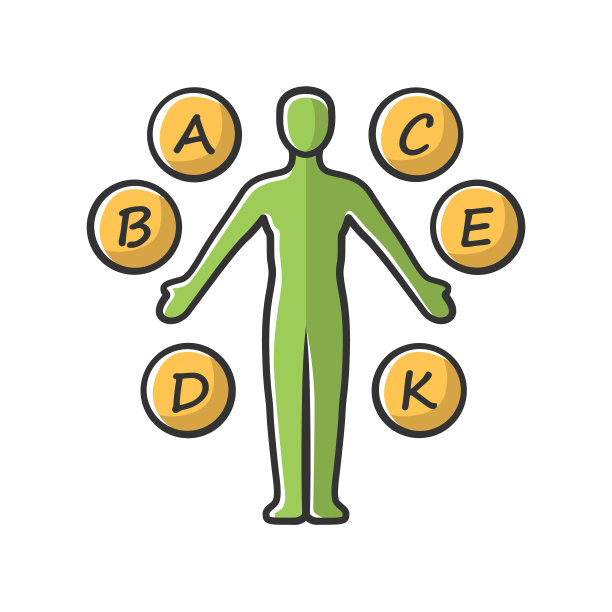 身体维他命绿色，黄色图标。A、B、C、D、E、K多种维生素。重要的矿物质和抗氧化剂。医疗和药品。孤立的矢量图图片下载