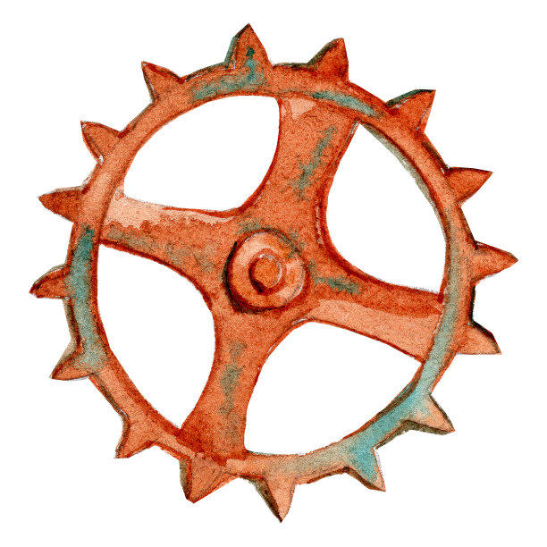 水彩手绘生锈的黄铜齿轮。蒸汽朋克的收藏。在白色背景上隔离图片下载