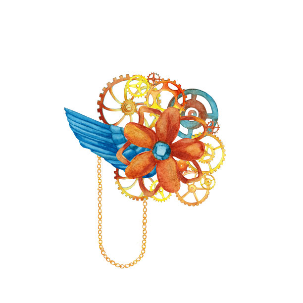 水彩蒸汽punc装饰金属花，翅膀，齿轮和齿轮。卡片，横幅，请帖图片下载