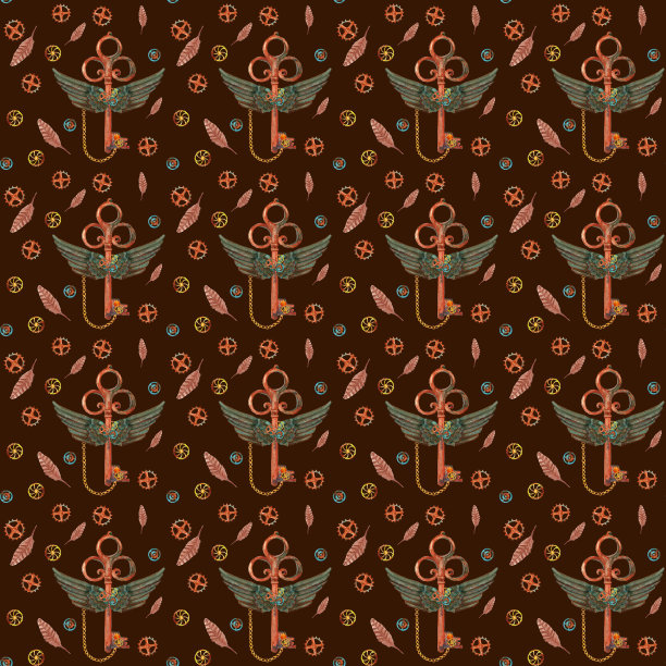 无缝图案与生锈的水彩钥匙与翅膀，齿轮和链条。蒸汽朋克的背景。图片下载