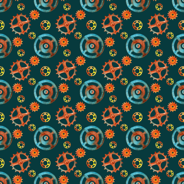 无缝父色与水彩手绘黄铜齿轮。蒸汽朋克的背景图片下载