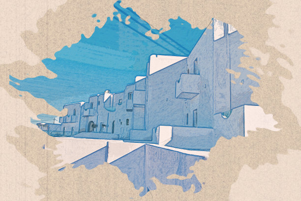 希腊米科诺斯岛地标的彩色铅笔画。图片下载