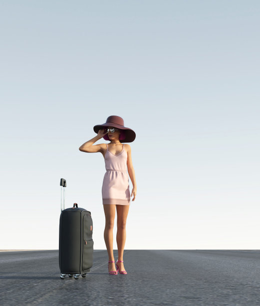 路上的旅行者女孩，3d渲染图片下载