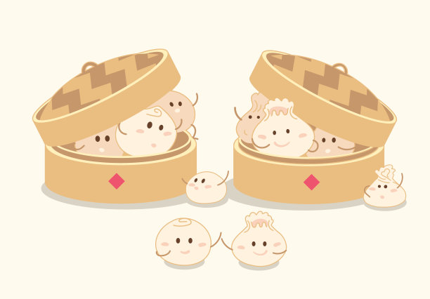 手绘可爱的包子和竹蒸笼。图片下载